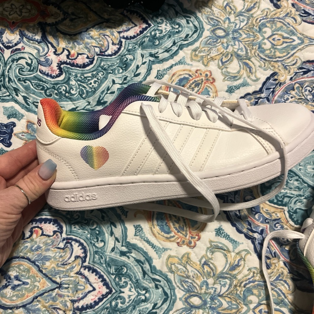 Adidas White Sneakers with Vibrant Rainbow Interior